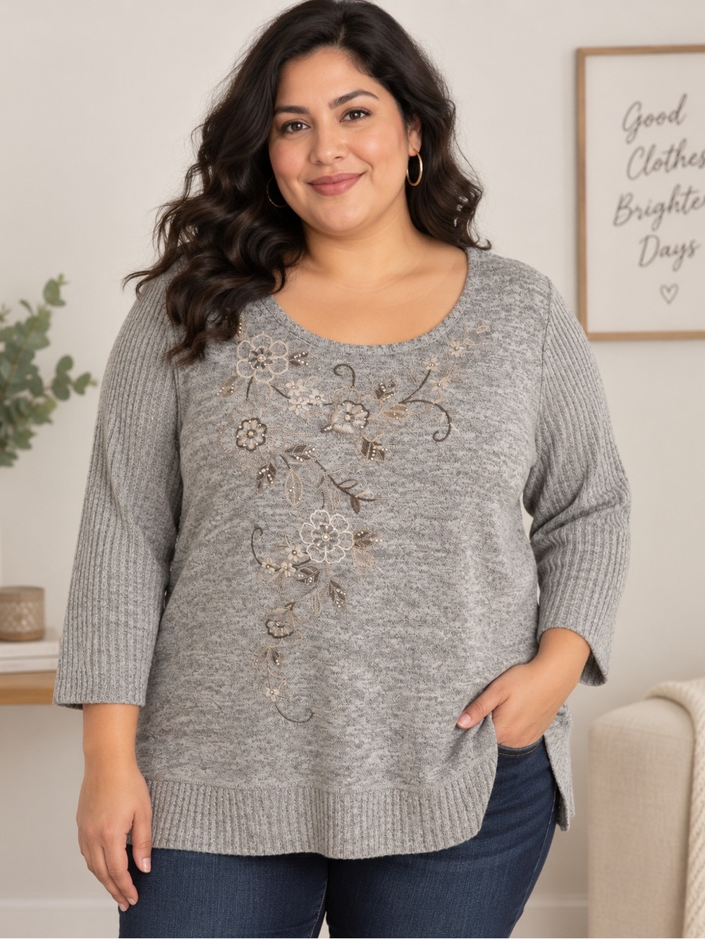 Alfred Dunner Gray Embroidered Scoop-Neck Sweater